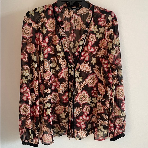 Zara Black and Red Sheer Floral Blouse - Picture 2 of 5